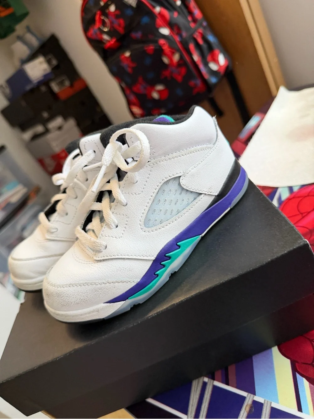 Jordan Kids White Sneakers with Purple and Teal Accents